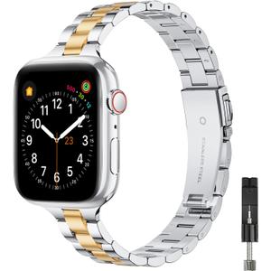 Thin Band Compatible with Apple Watch 40mm 38mm 41mm 42mm 44mm 45mm 49mm, Premium Stainless Steel Metal Replacement Adjustable Wristband Strap for iWatch Ultra SE Series 9/8/7/6/5/4/3/2/1 Women Men (Silver/Gold, 38mm 40mm 41mm)