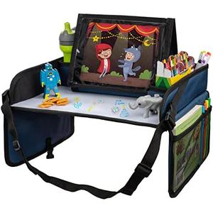 Lusso Gear Kids Travel Tray for Car - Road Trip Essentials for Kids - Car Seat Tray for Travel - Toddler Travel Lap Desk and Organizer - Holds Snacks, Water Bottle, Toys (Blue)