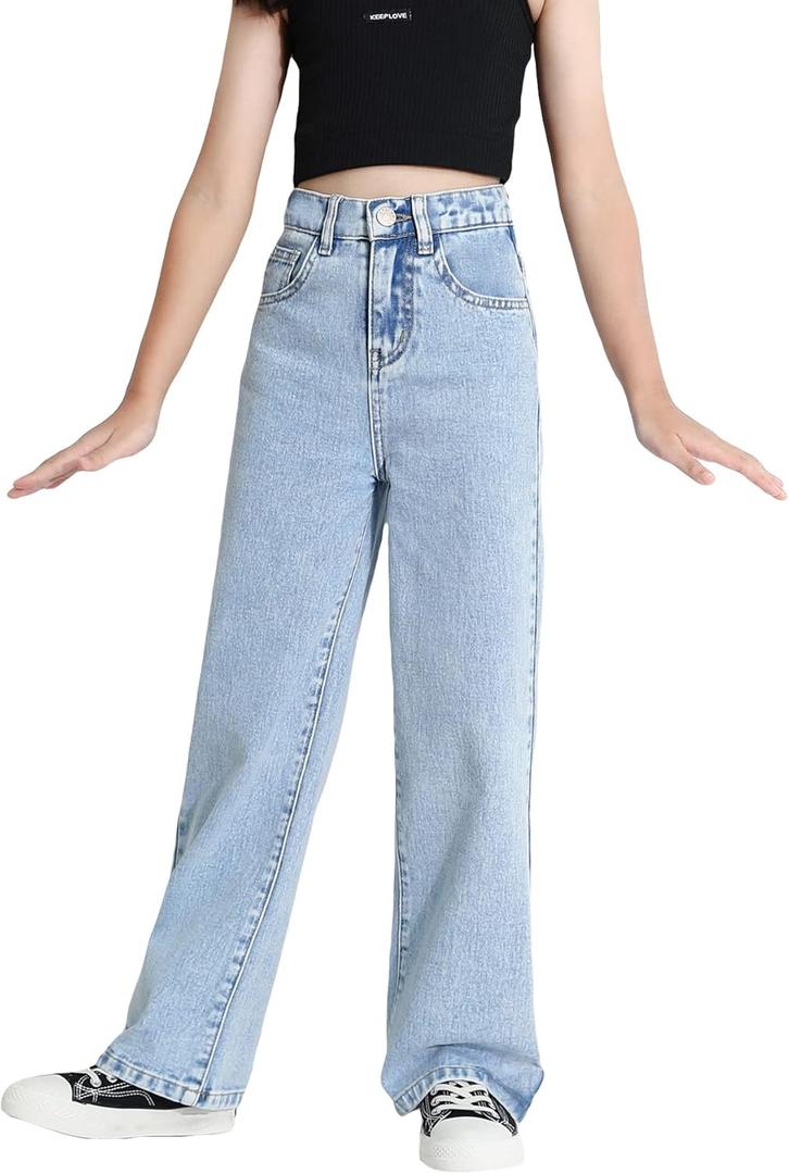 Verdusa Girl's Casual Elastic High Waist Wide Leg Denim Pants Jeans Light Blue 140