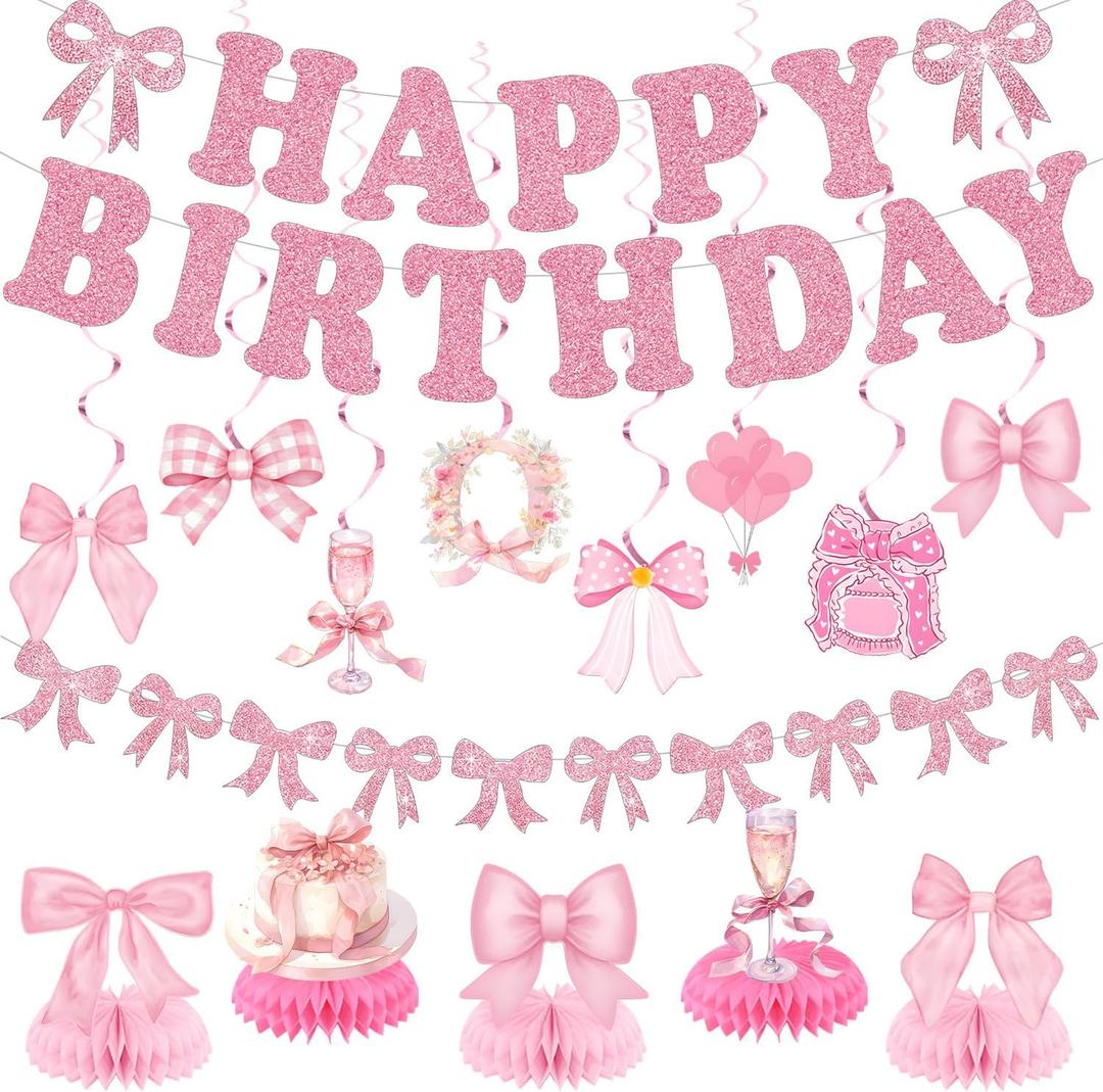 Pink Bow Banners Hanging Swirls Cute Ceiling Streamers for Women Girls Bachelorette Birthday