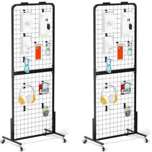 Grid Wall Panels Display Stand - Metal Shelving with 30 Hooks for Vendor Events Art Panels Heavy Duty Floor Standing Movable Detachable Retail Display Stand Wire Grid Tower for Easy Transport(2pcs)