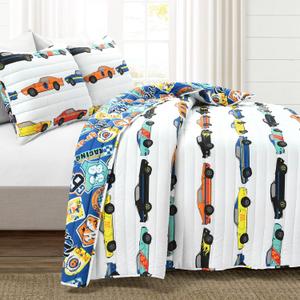 Lush Decor Race Car Kids' 3-Piece Quilt Bed Set, Reversible Bedding Set for Boys, White, Full/Queen