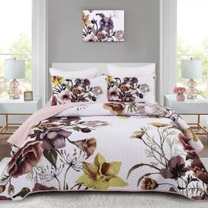 Drucon Floral Quilt Set King 3 Pieces Boho Blush Quilt Coverlet Set Soft Microfiber Lightweight Colorful Floral Quilted Bedspread for All Season 104"x90"
