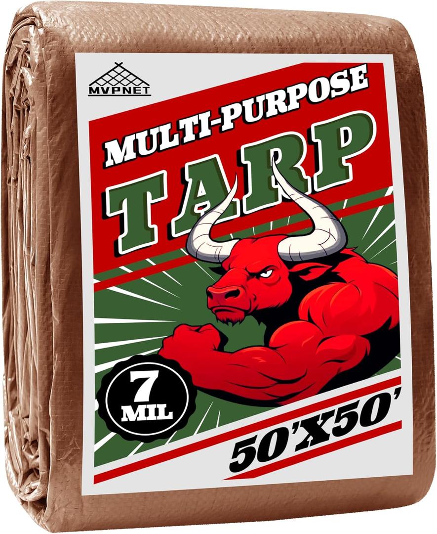 Tarp 50x50 ft 100% Waterproof 7mil Durable Grommets and Reinforced Edges,Uv Resistant,Green/Brown Tarp,Emergency Rain Shelter,Outdoor Cover and Camping Use -by MVPNET