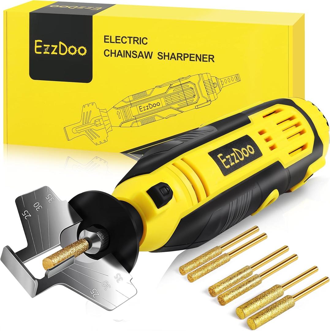 Electric Chainsaw Sharpener Kit with TITANIUM-PLATED Diamond Bits - High-Speed Chain saw Sharpener Tool and 6 High Hardness Sharpening Wheels For All Chainsaw Chains.