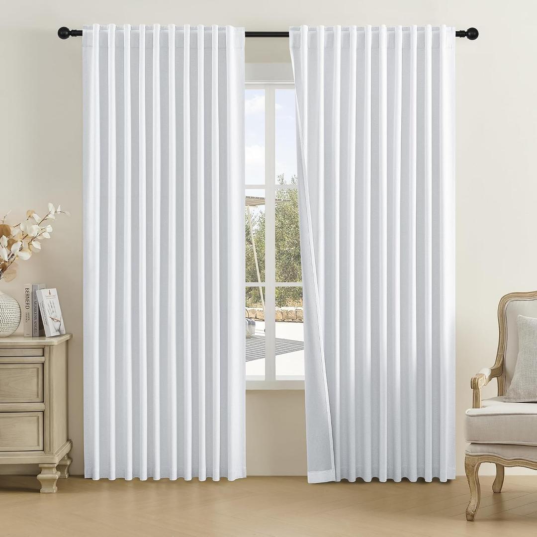 DUALIFE 100% Linen Blackout Curtains for Ceiling Track System Back Tab, Loop Pocket Curtains 84 Inch Wide Pinch Pleated Drapes for Patio Sliding Glass Door, Greyish White,W84x L96, 2 Panels