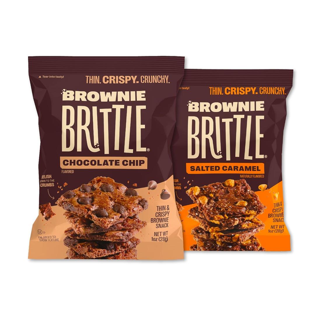Brownie Brittle Chocolate Chip & Salted Caramel Thin and Crispy Sweet Snacks (Pack of 20, 1 oz), Rich Gourmet Brownie Bites Dessert (EXP 04/03/26)
