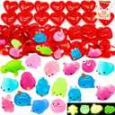28PCS Valentines Gifts Cards with Kawaii Mochi Squishy Toy, Glow in The Dark Mini Cute Animal Squishies Stress Relief Toy for Kids, Valentine Party Favors, Classroom Exchange Prizes