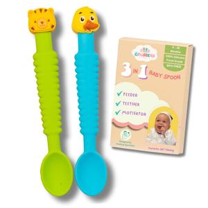 3-in-1 Silicone Baby Spoon Self Feeding 6+ Months - Pediatric OT Designed Teether Spoon, BPA Free Toddler Utensils, Mess-Free, Fun for Baby Led Weaning Supplies, Duck & Tiger