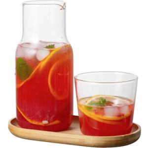 Bedside Carafe and Glass Set - 550ml Clear Glass Juice Pitcher with Cup, Night Carafe for Bedroom Nightstand, Wooden Pallet Included