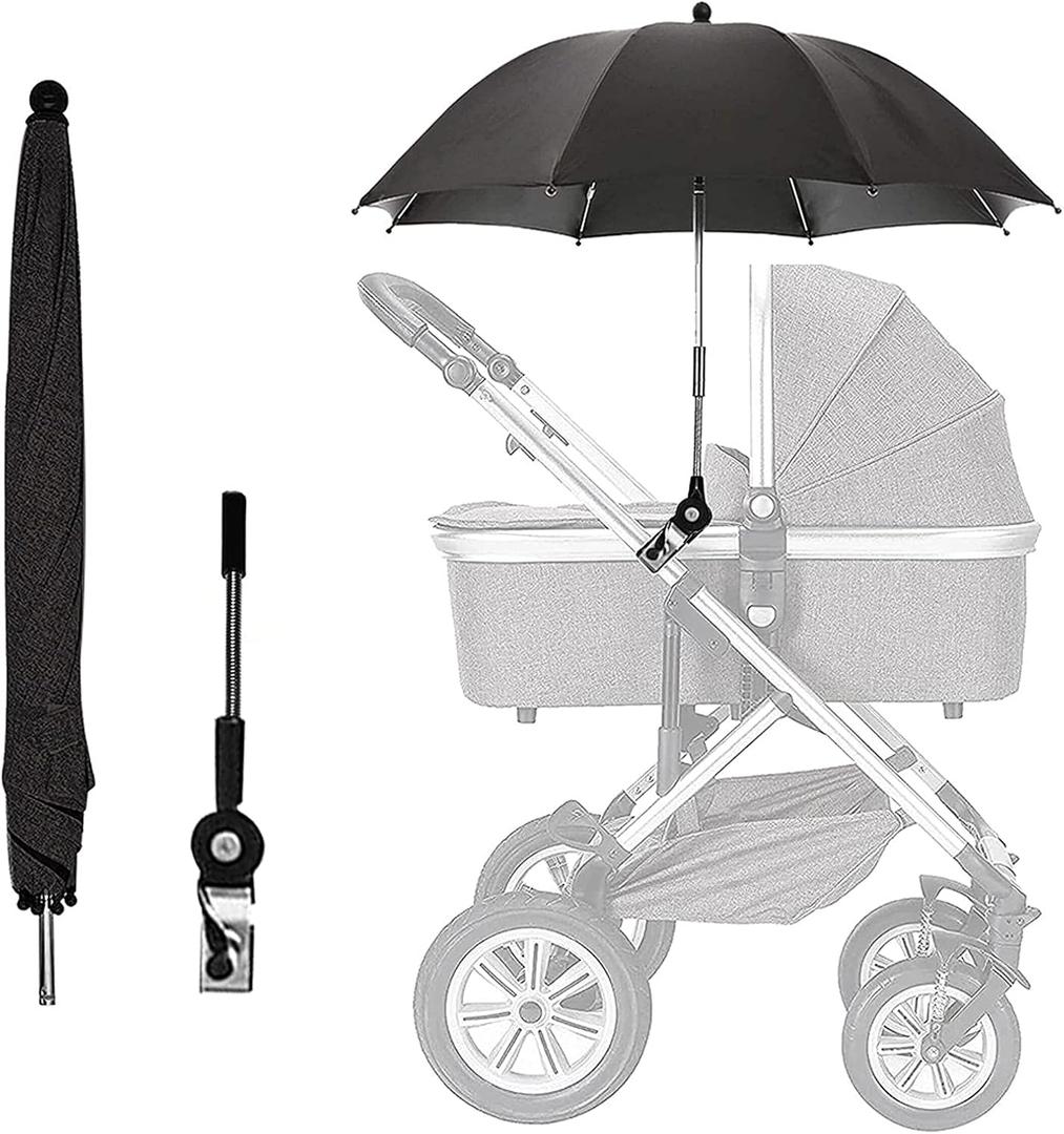 Baby Stroller Parasol, Universal Umbrella with Clamp, 360 Degree Adjustable UV Protection Stroller Sun Shade, Waterproof Umbrella for Trolley, Bike, Wheelchair, Beach Chair (Black)