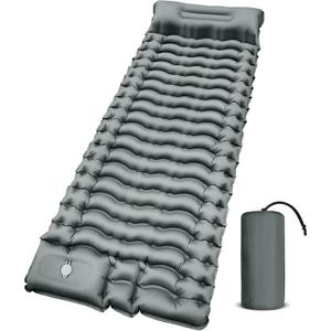 Camping Sleeping Pad, Ultralight Camping Mat with Pillow Built-in Foot Pump Inflatable Sleeping Pads Compact for Camping Backpacking Hiking Traveling - Gray (Single-grey)