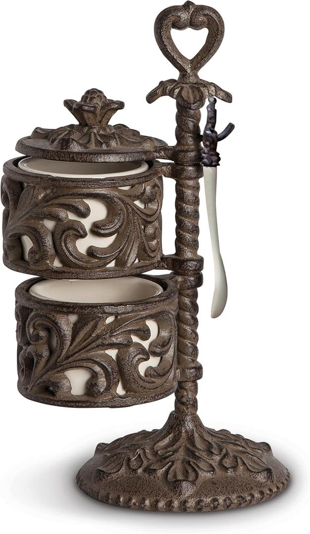 Cream Ceramic and Acanthus Leaf Spice Cellar With Spoon