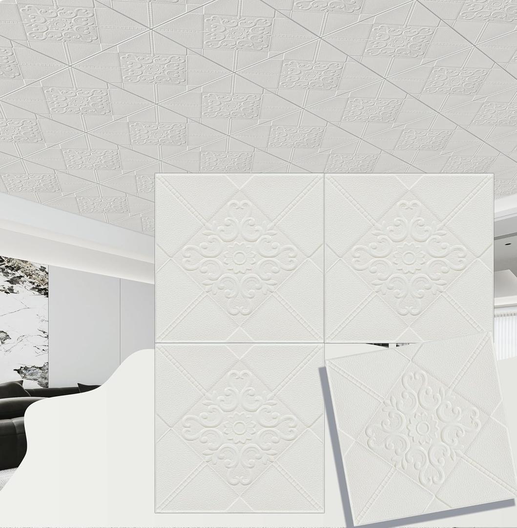 Alow Ceiling Tiles, 16pcs Tiles Peel and Stick, 3D Foam Ceiling Sticker for Interior Decor in Wall,(13.8 x 13.8In Covering 21 sq.ft White) (Lucky)