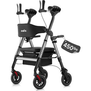 Upright Walkers for Seniors, Stand Up Rollator Walker with Padded Seat and Backrest, Heavy Duty Forearm Rollator with Support Handrail, Holds up to 450 pounds, Compact Folding, Grey
