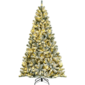 Goplus 7FT Pre-Lit Snow Flocked Christmas Tree, Artificial Hinged Xmas Tree W/ 450 LED Lights, Foldable Metal Stand and 1116 Branch Tips, Fake Snow Flocked Tree for Indoor Home Office Party Decoration