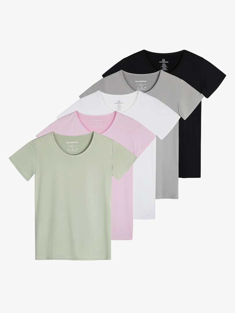 Real Essentials 4Pack: Women's Dry Fit Tech Stretch Short-Sleeve Crew Neck Athletic T-Shirt  M