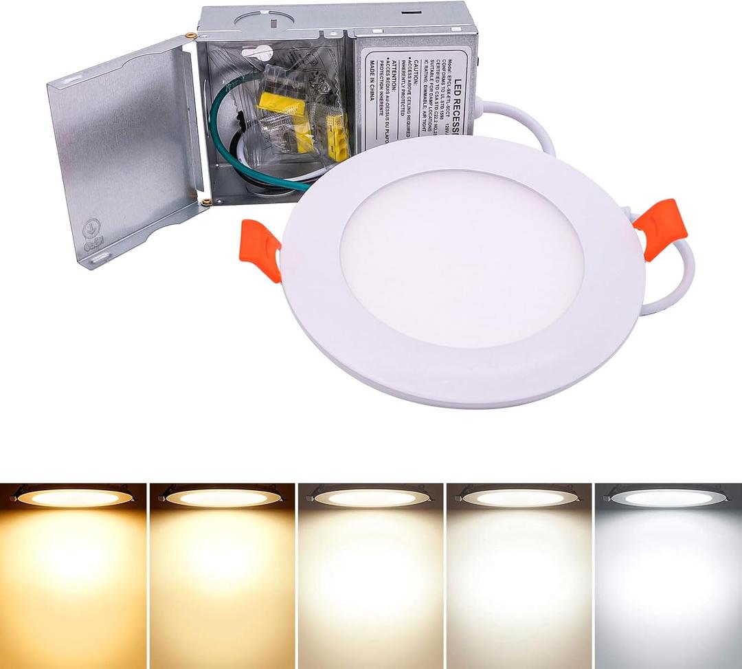 4 Inch LED Recessed Slim Pot Lights with Junction Box, Dimmable Slim Recessed Ceiling Lighting 5CCT Selectable, Downlight Panel Light 9W, 1 Packs