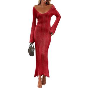 Saodimallsu Womens Crochet Maxi Dress Bell Long Sleeve Sexy V Neck Bodycon Backless Knit Dresses Beach Swim Cover Up, Red, M