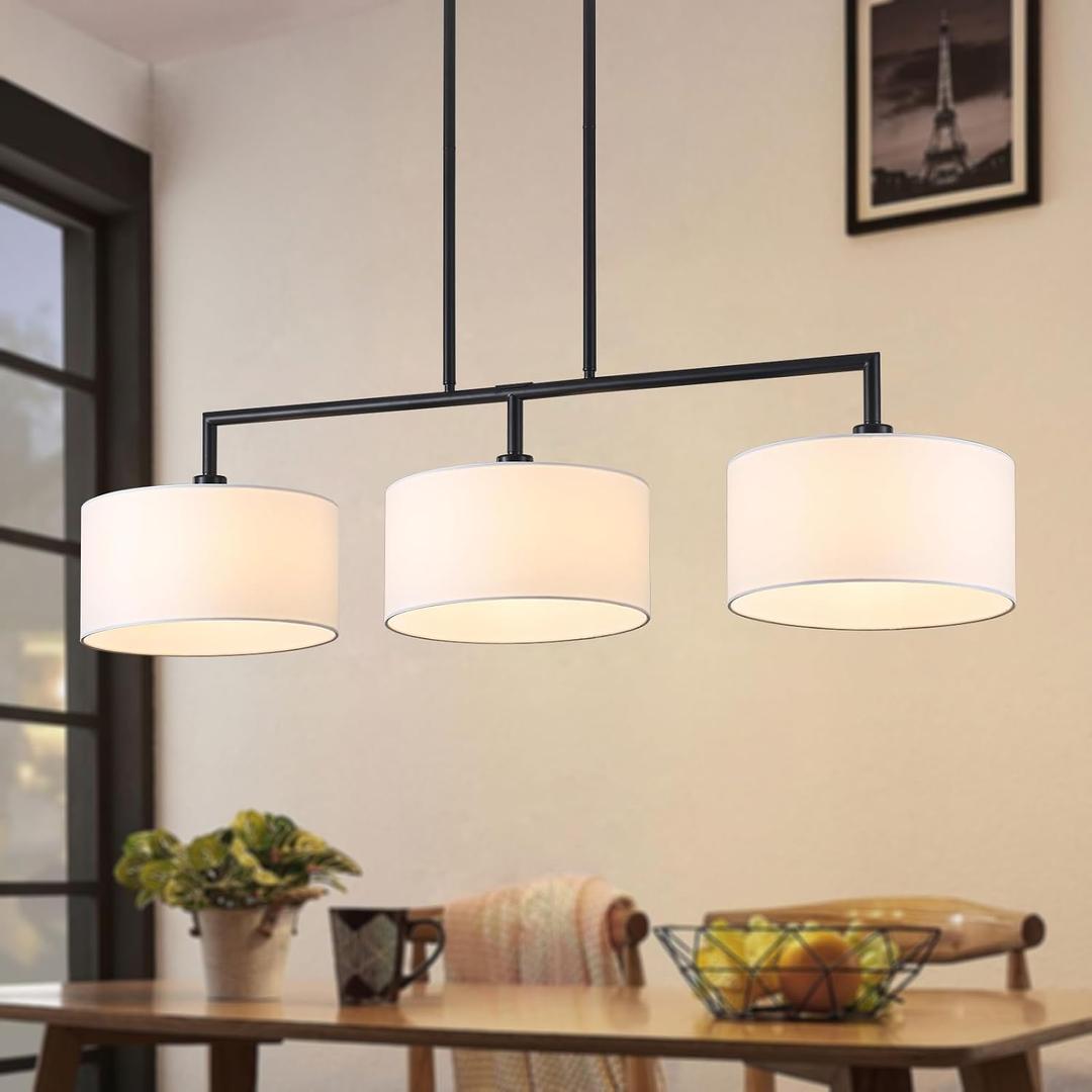 47" W Modern Linear Kitchen Island Pendant Light Fixture 3-Light White Linen Drum Shade Chandelier Black Metal Linear Chandeliers for Dining Room Farmhouse Hanging Light for Living Room, Bar, E26, Large
