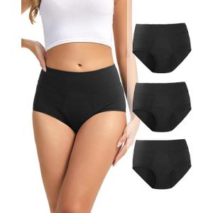 Period Underwear for Women Heavy Flow 60ml - High Waist Long Staple Combed Cotton Leak Proof Menstrual Panties 3 Pack (Black, S)