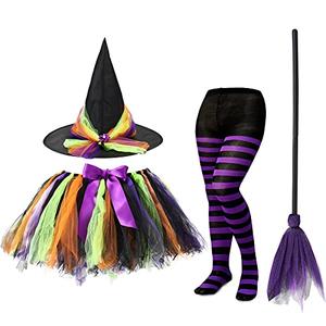 SATINIOR Halloween Witch Costume Set for Girls - Tutu Skirt, Striped Tights, Hat, and Plastic Broom for Cosplay Party Favors Supplies, Size: M