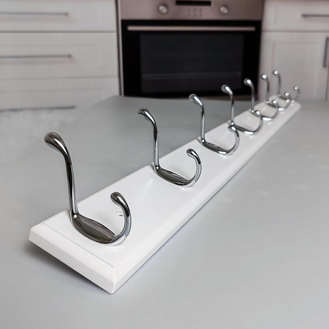 Wood Wall Mounted Coat Rack 32 inch (80cm) with 7 Silver Hooks, Lang Wooden White Wall Coat Hook Rack for Entrance, Hallway, Bedroom, White Wall Clothes Hanger