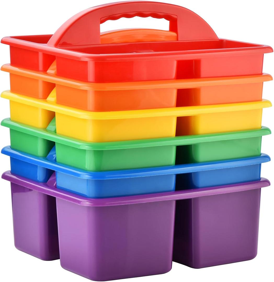 ALINK Plastic Classroom Caddy Organizer with Handle, 6-Pack 3 Compartments, Teacher Supply Storage Caddy for Classroom Organization, Table, Desk, Office, Craft Art for Kids - Assorted Colors (Colorful)