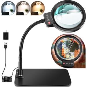 30X 10X Magnifying Glass with Light and Stand, 72 LED 3 Color Modes Stepless Dimmable, Hands Free Lighted Magnifier Desk Lamp for Close Work Craft Hobby Painting Sewing Jewelry Reading, Square (Black)
