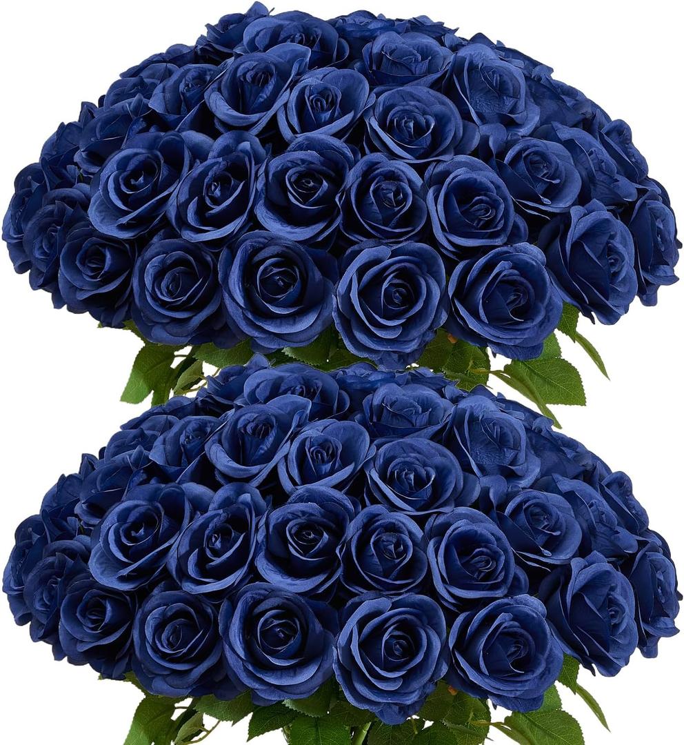 60 PCS Fake Navy Blue Roses Artificial Flowers Bulk Realistic Silk Faux Rose with Stems for Wedding Decoration Anniversary Bridal Bouquet DIY Floral Arrangement Romantic Home Decor Gifts