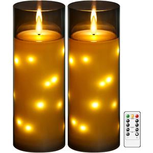 kakoya 11" x 4" Large Outdoor Waterproof Flameless LED Candles with Remote and Timer,Acrylic Pillar Candles Battery Operated with Embedded Star String for Porch,Patio,Outdoor Decor,Grey)