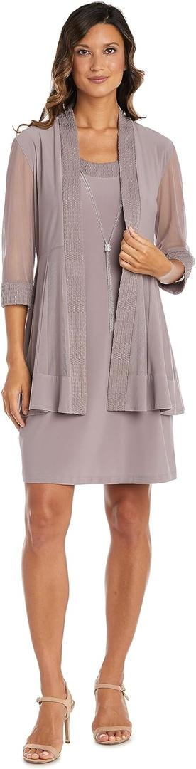 R&M Richards Women's Glitter Jacquard Jacket W/Sheer Insets & Knee-Length Shift Dress W/Necklace - Formal 2-Piece Ensemble R&M Richards Women's Glitter Jacquard Jacket W/Sheer Insets & Knee-Length Shift Dress W/Necklace - Formal 2-Piece Ensemble
