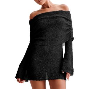 Women's Off Shoulder Cover Ups Summer Beach Swimsuit Long Bell Sleeve Sheer Dress Bathing Suit Coverup (Black, S)