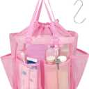 F-color Mesh Shower Caddy Portable with Drawstring - Upgrade Deeper 7 Pockets Dorm Room Essentials for Guys Girls with S Hook, Shower Bag Basket Tote for College Camping Toiletry Bathroom, Pink