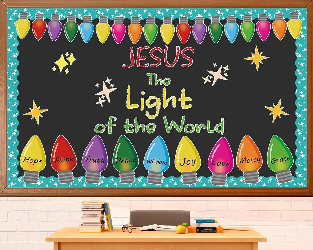 Christmas Bulletin Board Kit Religious Paper Cutouts Winter Christian Faith DIY Craft Set Jesus The Light Of The World Decorations Christian Bulbs Cut-Outs for Classroom Teacher Supplies Library Decor