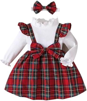 Noubeau Christmas Toddler Girl Plaid Dress Long Sleeve Bow Patchwork Rib Ruffled Shirts Dress Baby Xmas Outfit 6-9, M