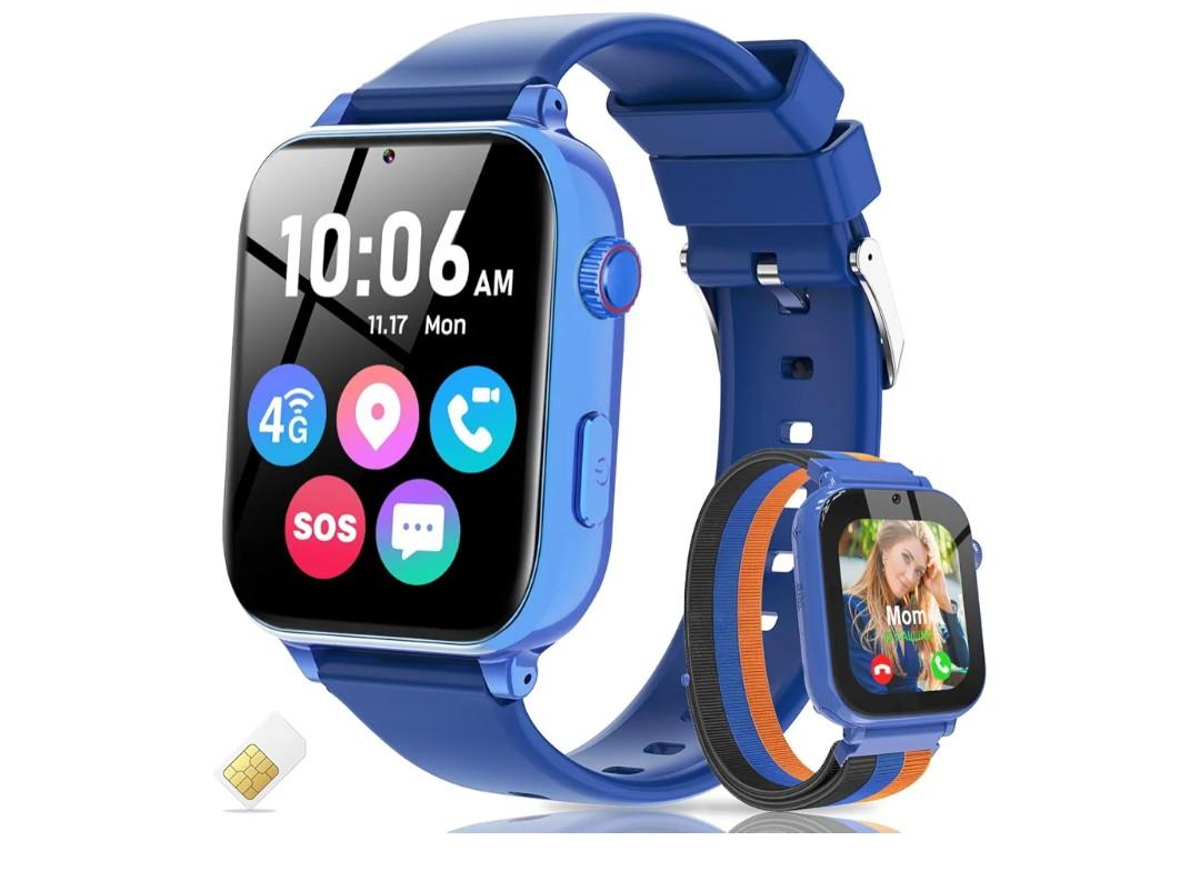 4G Kids Smart Watch with GPS Tracker, Video Call, Texting, and Phone Calls, Smart Watch for Kids with SIM Card, School Mode Alarm Clock SOS Alerts, Watch Gift for Age 4-12 Boys Girls, Bule