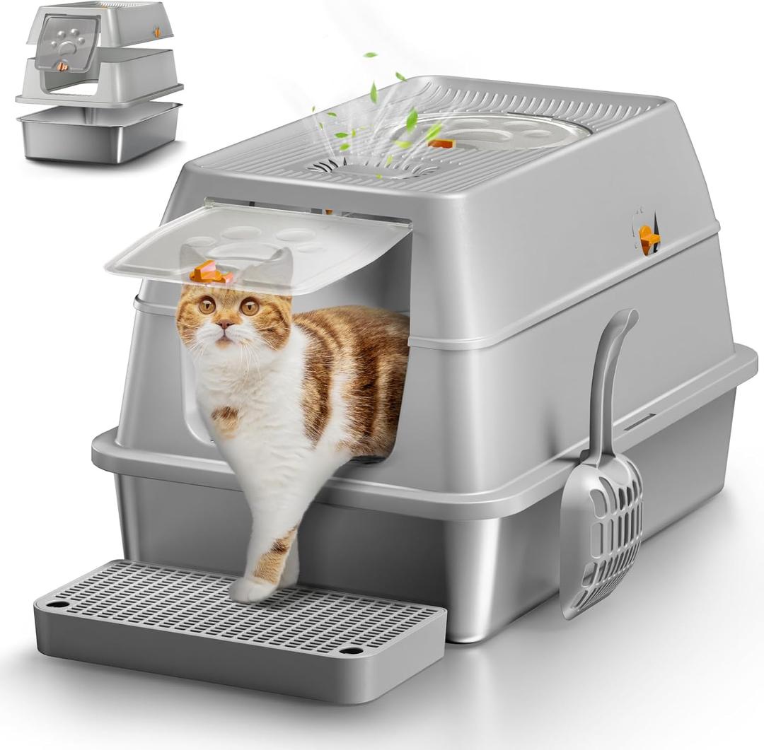 Stainless Steel Cat Litter Box with Removable Lid, XL Enclosed-Grey
High Sided Litter Box with Carbon Filters, Odor Free, Easy Cleaning, Anti-Urine Leakage for Big Cats/Multiples