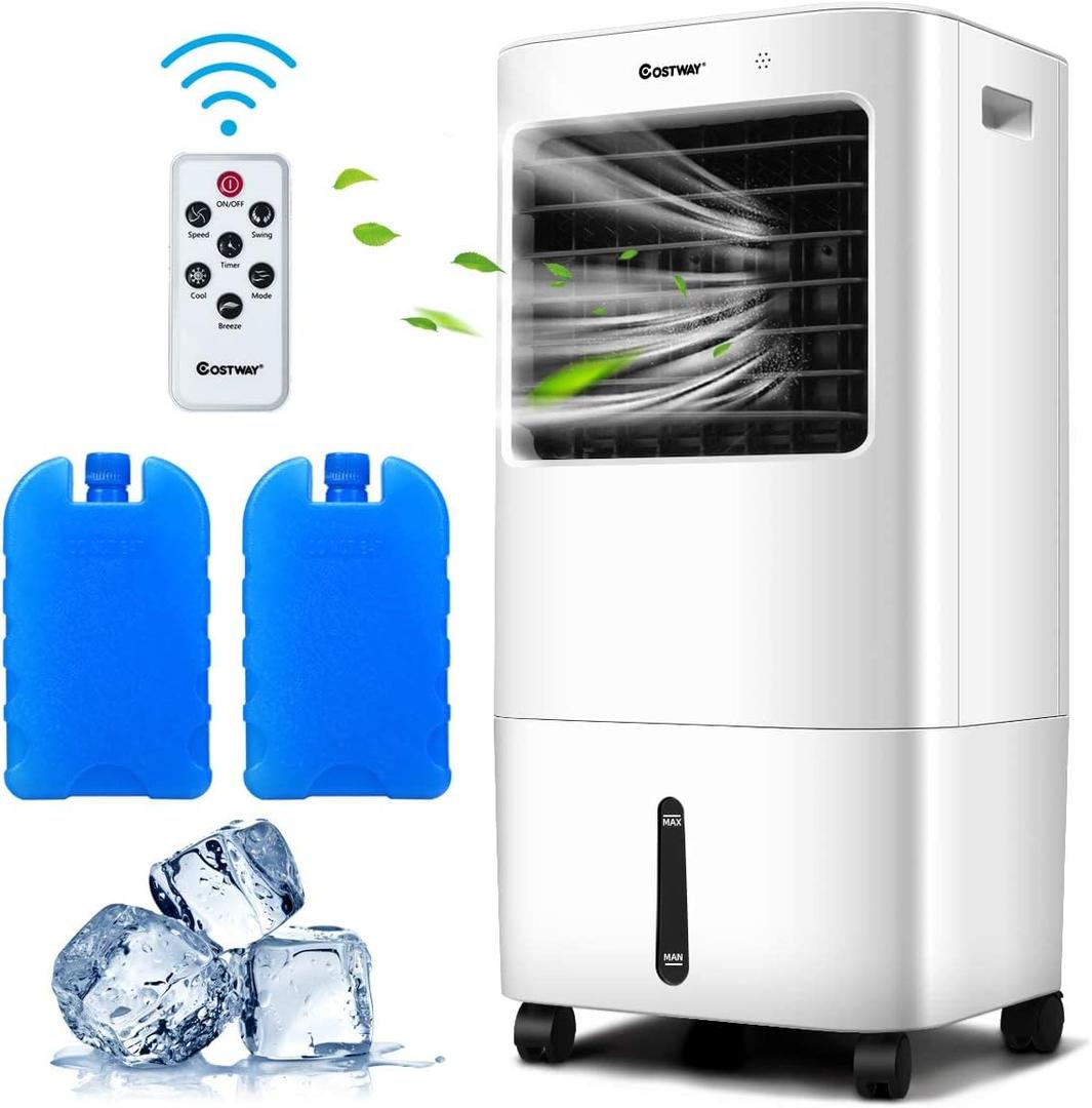 Evaporative Cooler, 3-in-1 Cooler, Fan and Humidifier with 5.3Gal/20L Tank & 7.5H Timer, 4 Speeds and 3 Modes, Remote Control, Portable Air Cooler with 4 Wheels, 2 Ice Boxes for Home Office