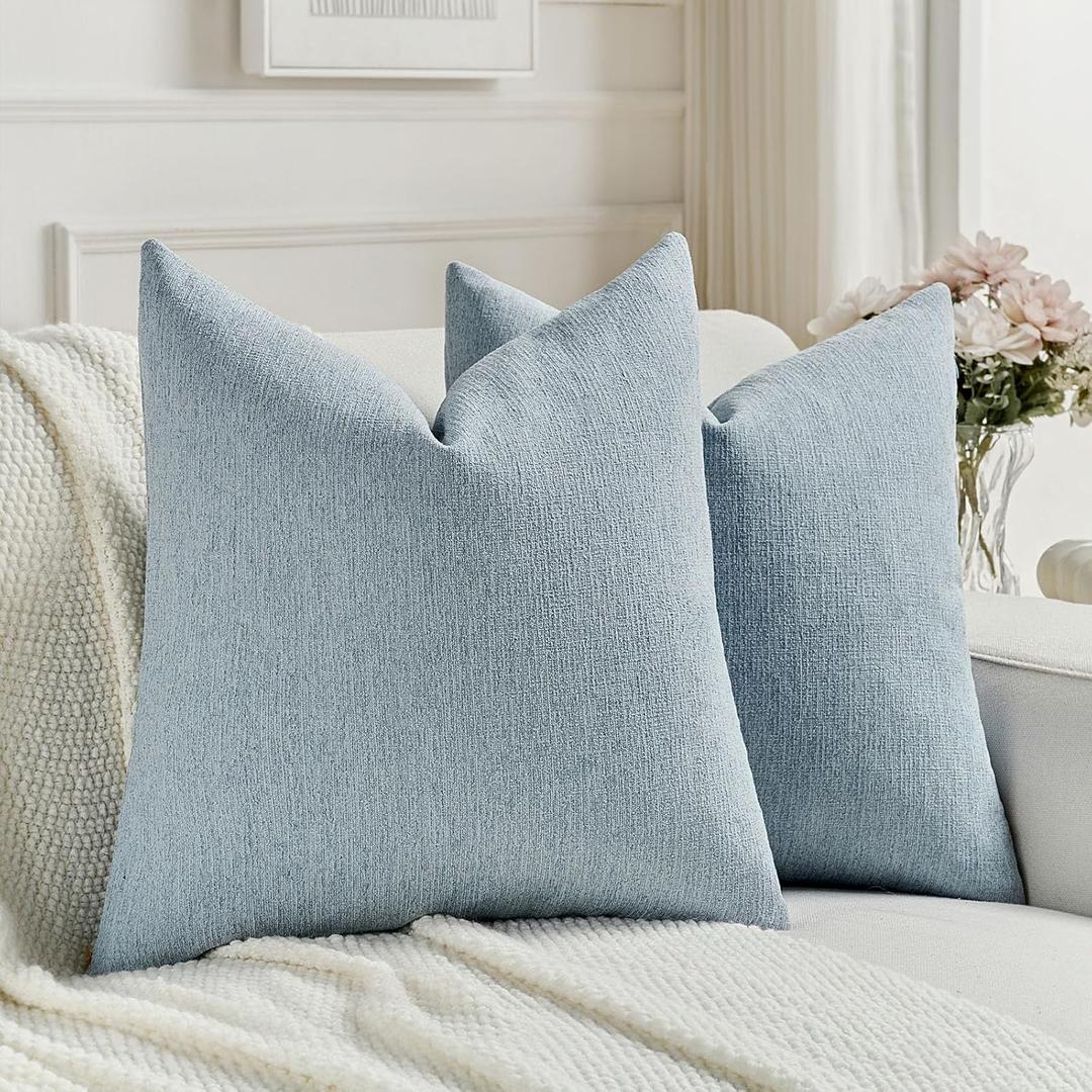 FUTEI Pack of 2 Chenille Decorative Throw Pillow Covers 20x20 Inch,Soft Cozy Faux Linen Textured Cushion Case,Farmhouse Home Decor for Couch Living Room,Denim Blue