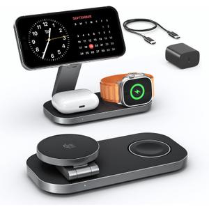 3-in-1 Charging Station for Apple Device, Qi2 25W Certified Magnetic Wireless Foldable Fast Charger Stand Compatible with MagSafe for iPhone 17e/17/16/15/14/13/12/Air Series, Apple Watch & AirPods (MatteBlack)
