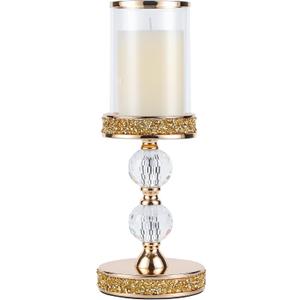 Pillar Candle Holder, 13 Inch Crystal Candlesticks for 3''X5'' Candles, Dining Coffee Table Decor, Wedding, Events, Parties - Glass and Gold Finish (2 crystal balls)