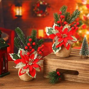 Zeyune Christmas Poinsettias Artificial Christmas Flowers Floral Red Table Top Pinecone Poinsettia and Holly Berries Silk Flower Arrangements in Decorative Pot Greenery Holiday Xmas Home Decor (2 Pcs)