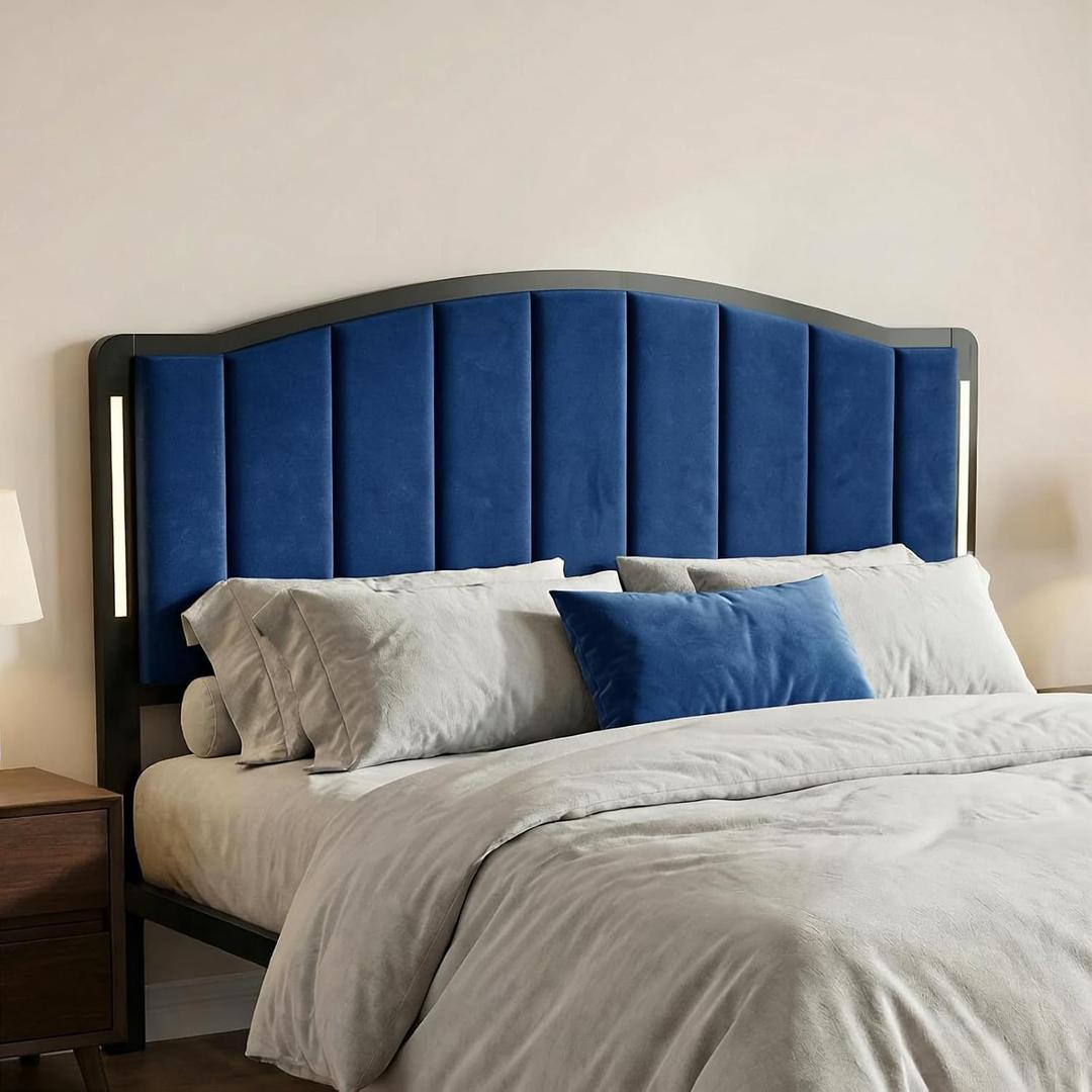 Upholstered Tufting Headboard for King Size Bed with Lights, Blue