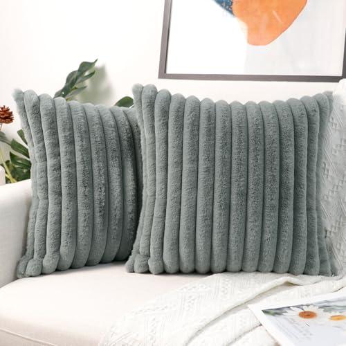 Faylapa Pack of 2 Decorative Throw Pillow Covers Faux Fur Plush Pillowcases Soft Fluffy Striped 18x18 Inch Pillow Cases for Couch Sofa Living Room Car Home Decoration (Grey)(Cover Only)