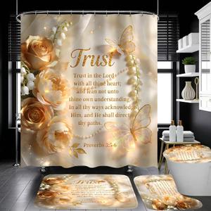4 Piece Inspirational Quotes Shower Curtain Set with Rugs, Elegant Champagne Gold Floral Butterfly Bathroom Decor, Waterproof Fabric Bath Curtain with Non-Slip Bath Mat, U-Shape Rug & Toilet Lid Cover