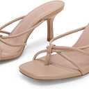 LAICIGO Womens Square Open Toe Flip Flops Stiletto Heels Strappy Thong Slide on Slingback Mules Sandals (7.5, Khaki)