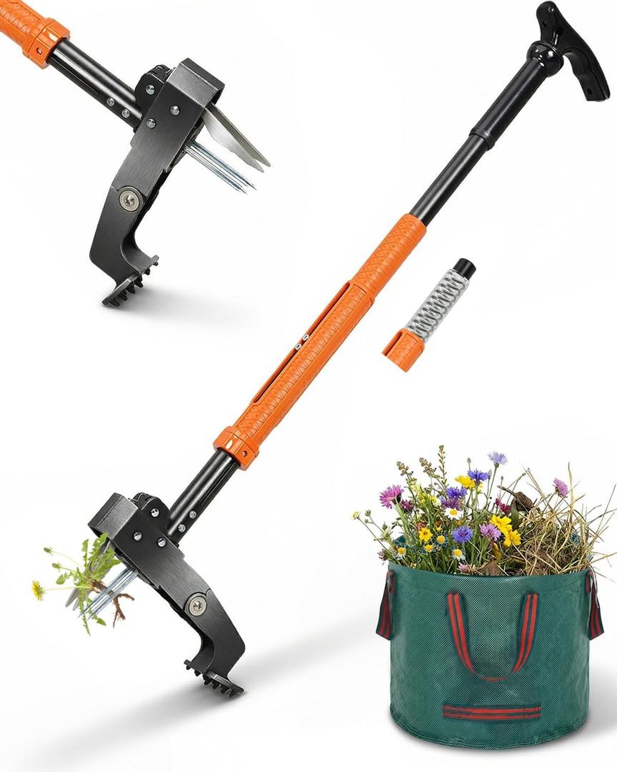 Stand Up Weed Puller Tool with Adjustable Long Handle and 50L Garden Bag
36″-46″ Adjustable Handle | Heavy Duty 4-Claw Stainless Steel | Automatic Rebound Design | Weed Remover Tool for Deep Roots