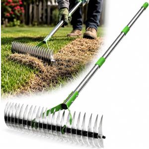 Heavy Duty Thatch Rake for Lawns - 13 Deep-Clean Dethatching Rake for Dead Grass & Moss Removal, Dual-Sided Manual Dethatcher and Scarifier Tool, 65" Long Metal Handle for Garden Yard Lawn Care