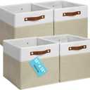 OrganiHaus 12" x 12" x 12" Fabric Storage Bins - Set of 4, Cube Canvas Organizer Bins with Vegan Handles, Kallax Storage Cubes, 12 Inch Cubic Baskets for Shelves - Beige/White
